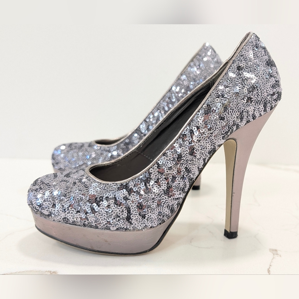 Silver sequin platform high heel pumps womens 7.5 glitter sparkly party Shoes
